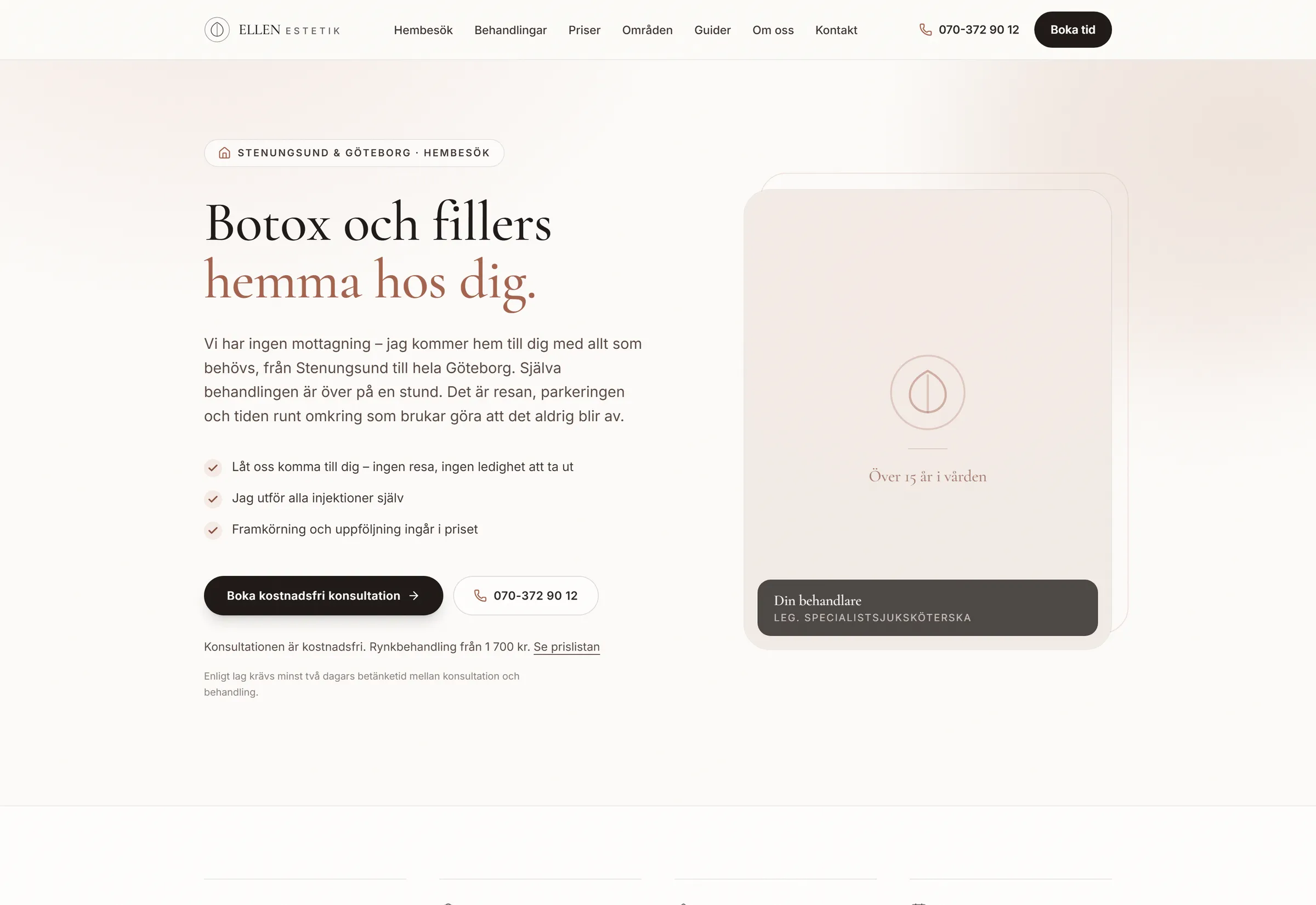 Startsidan på ellenestetik.se med rubriken Botox och fillers hemma hos dig och en knapp för att boka kostnadsfri konsultation.